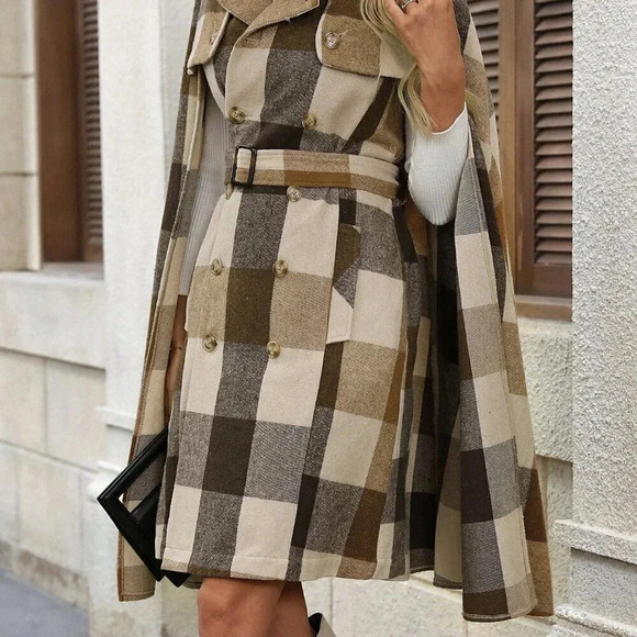 Multicolor Casual Women's Elegant Plaid Wool Shawl Collar Coat - Picture 5 of 7